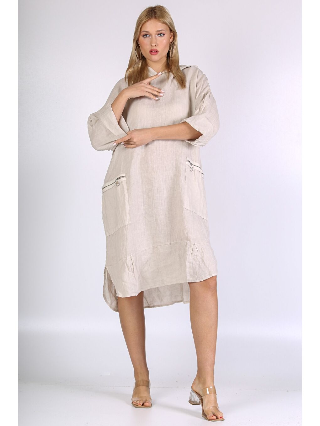 İtalyan Bej 3/4 Kol Cepli Kapüşonlu Keten. Dokuma Elbise-3