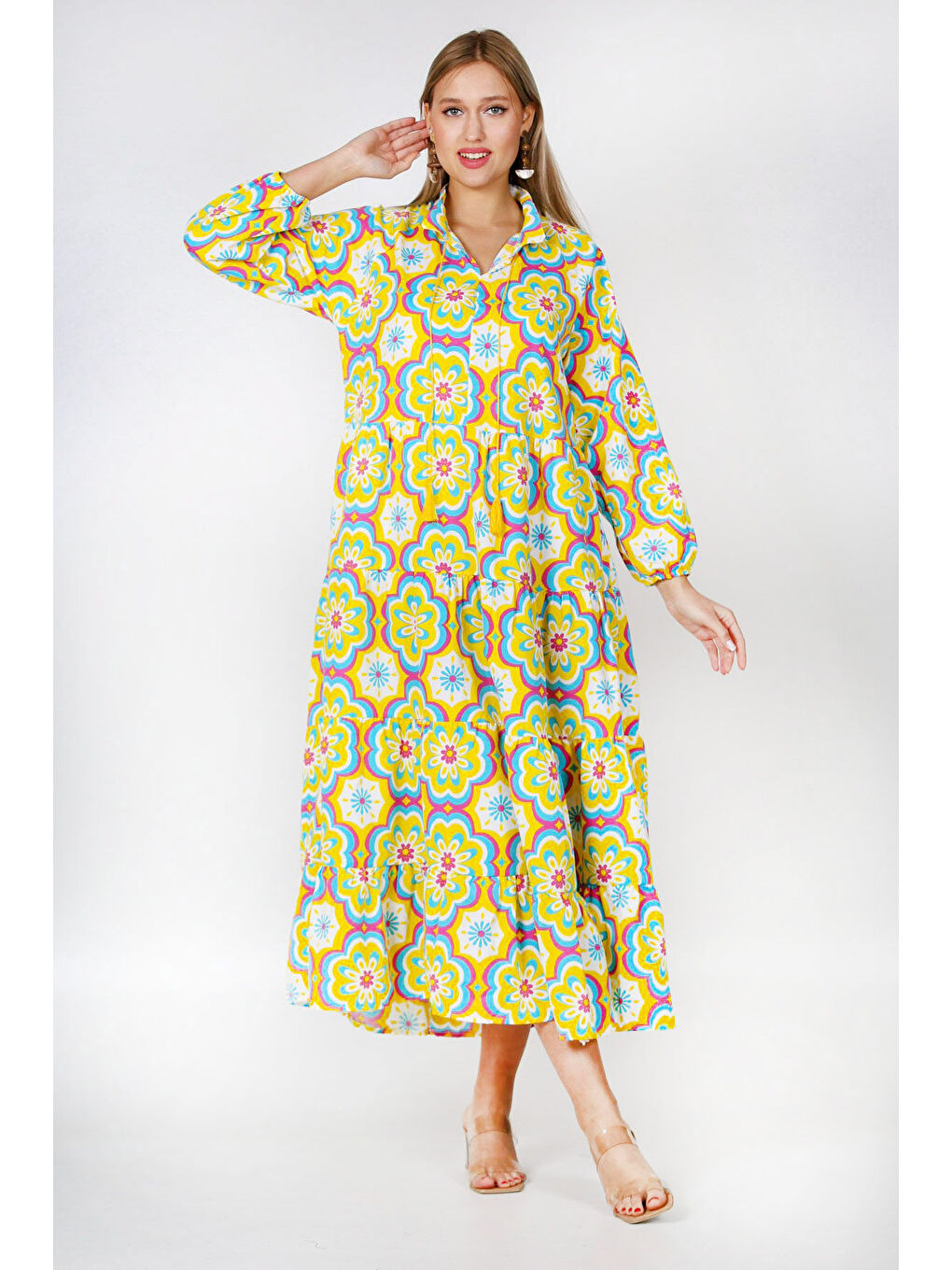 Bej Sarı Hakim Yaka Balon Kol Çiçekli Allover Baskılı Geniş Kesim Dokuma Elbise-5