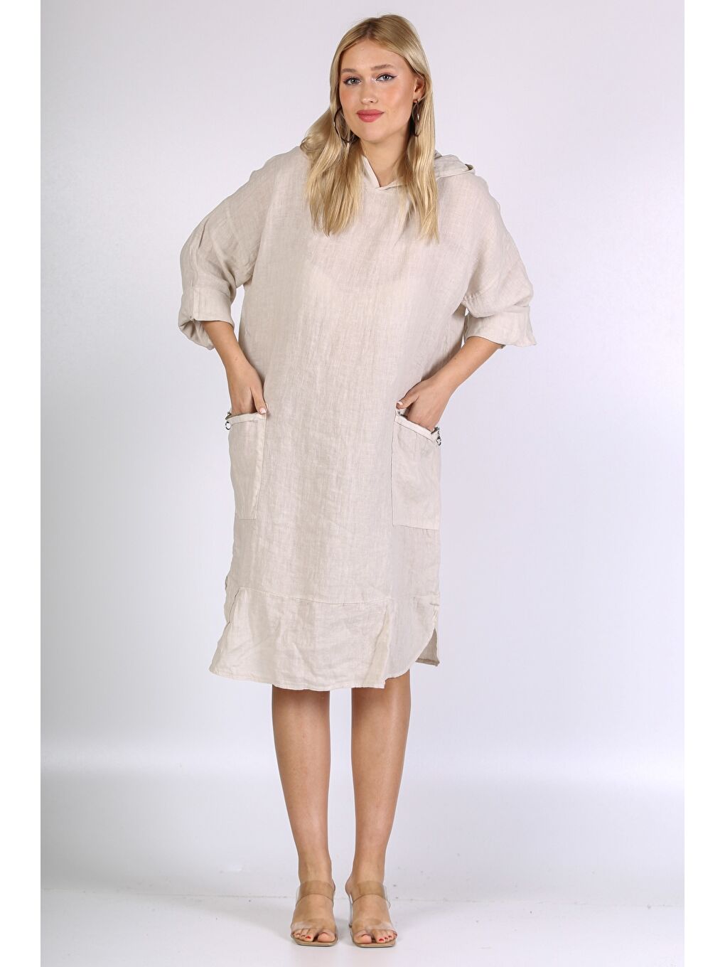 İtalyan Bej 3/4 Kol Cepli Kapüşonlu Keten. Dokuma Elbise-4