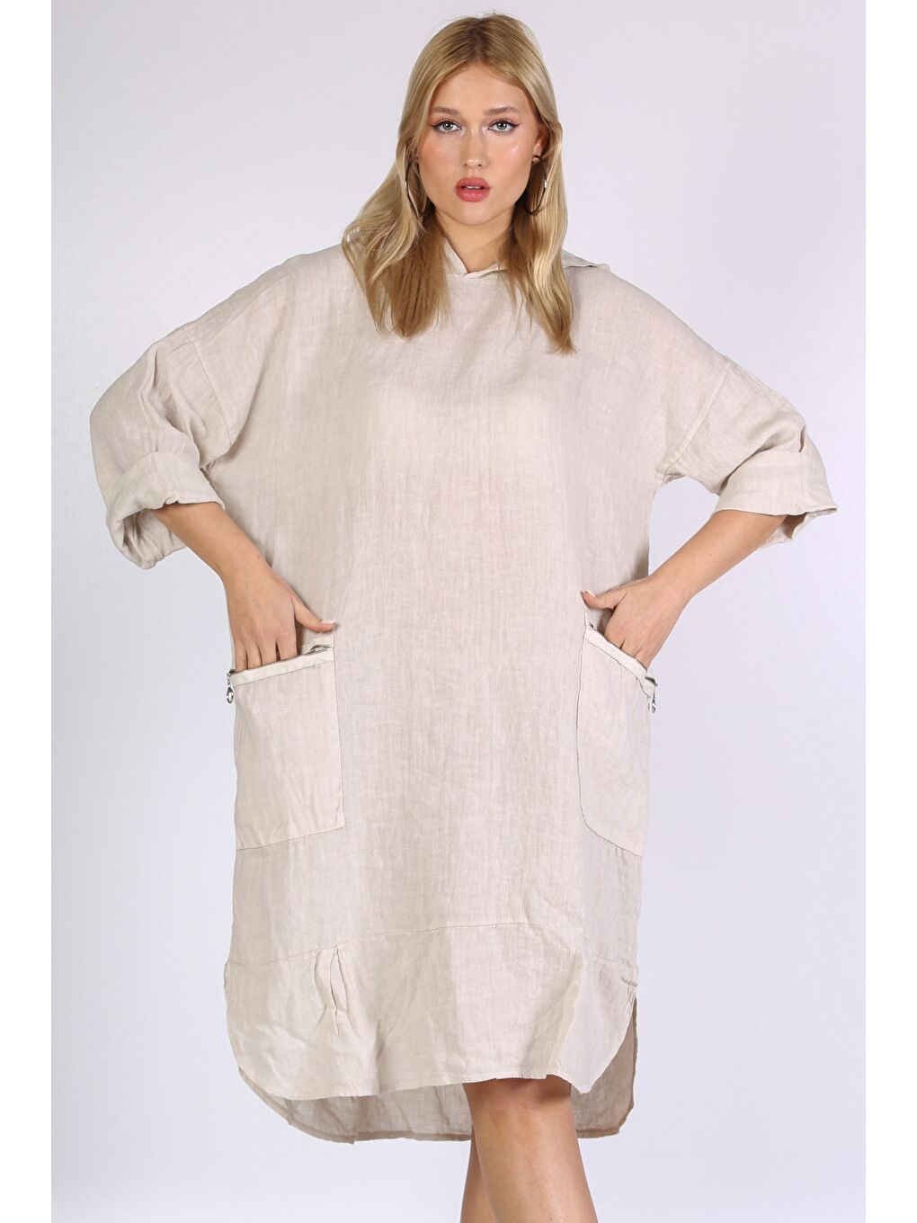 İtalyan Bej 3/4 Kol Cepli Kapüşonlu Keten. Dokuma Elbise-5