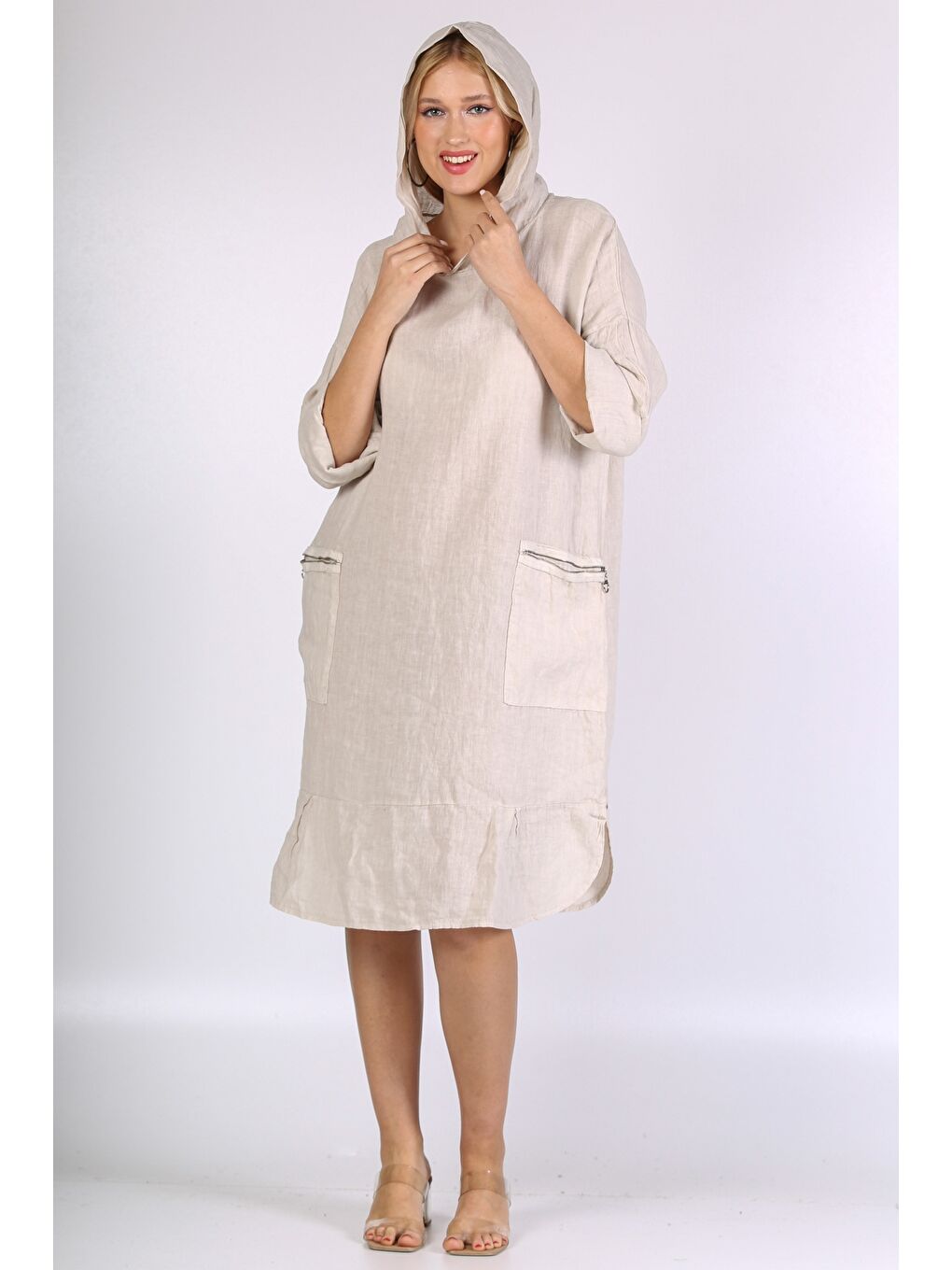 İtalyan Bej 3/4 Kol Cepli Kapüşonlu Keten. Dokuma Elbise-6