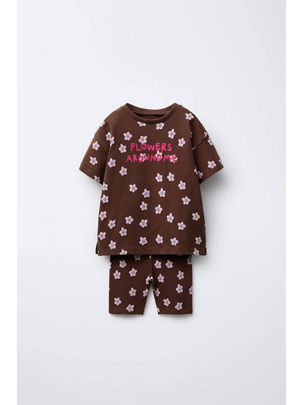 Lacivert Kız Çocuk Pamuklu Kahverengi Çiçek Desenli Tişört Tayt Takım