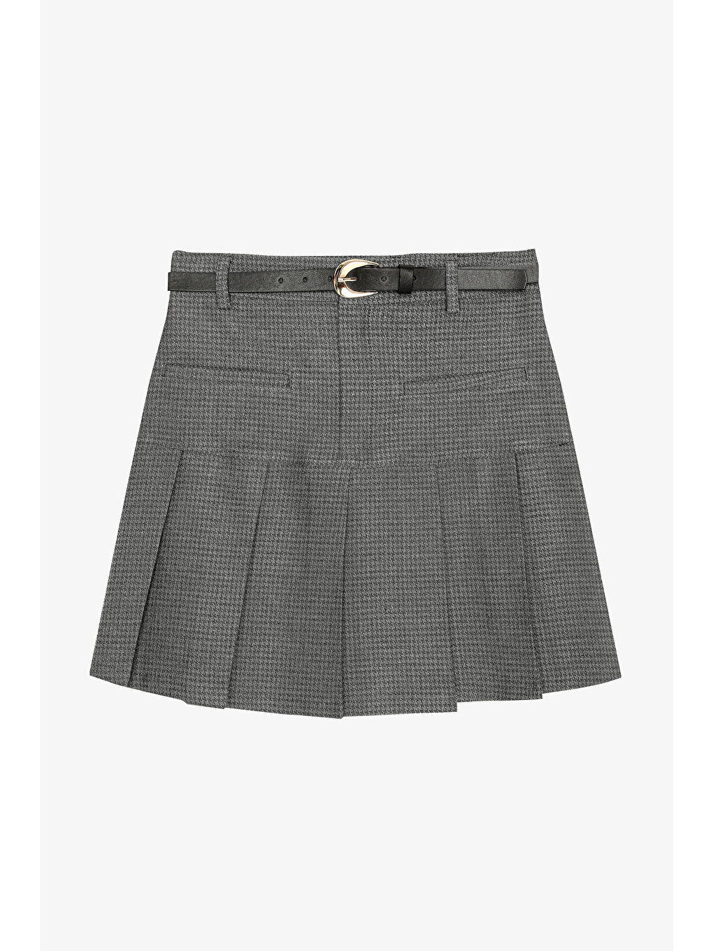 Kazayağı Desenli Kemerli Mini Etek Gri