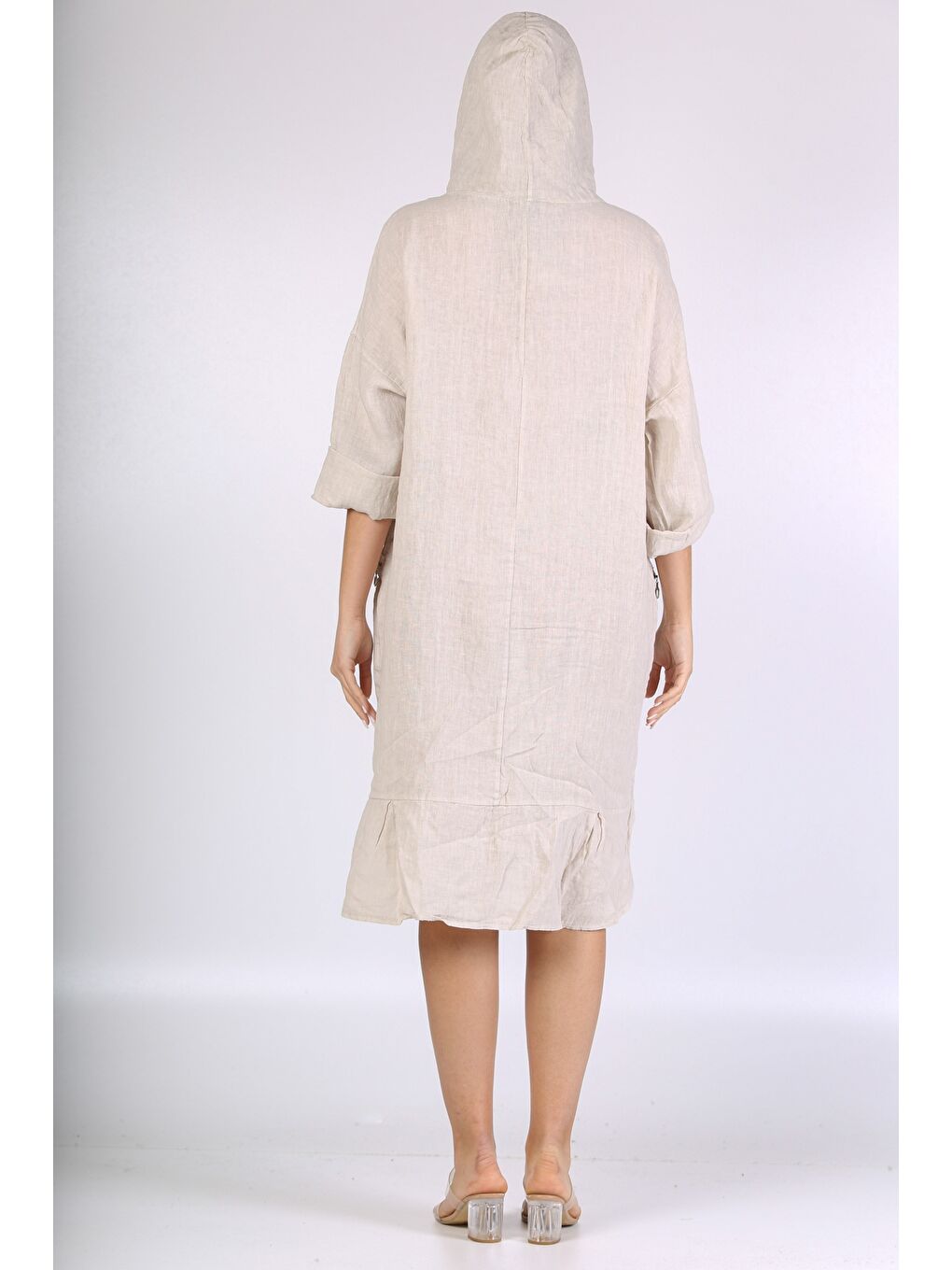 İtalyan Bej 3/4 Kol Cepli Kapüşonlu Keten. Dokuma Elbise-7