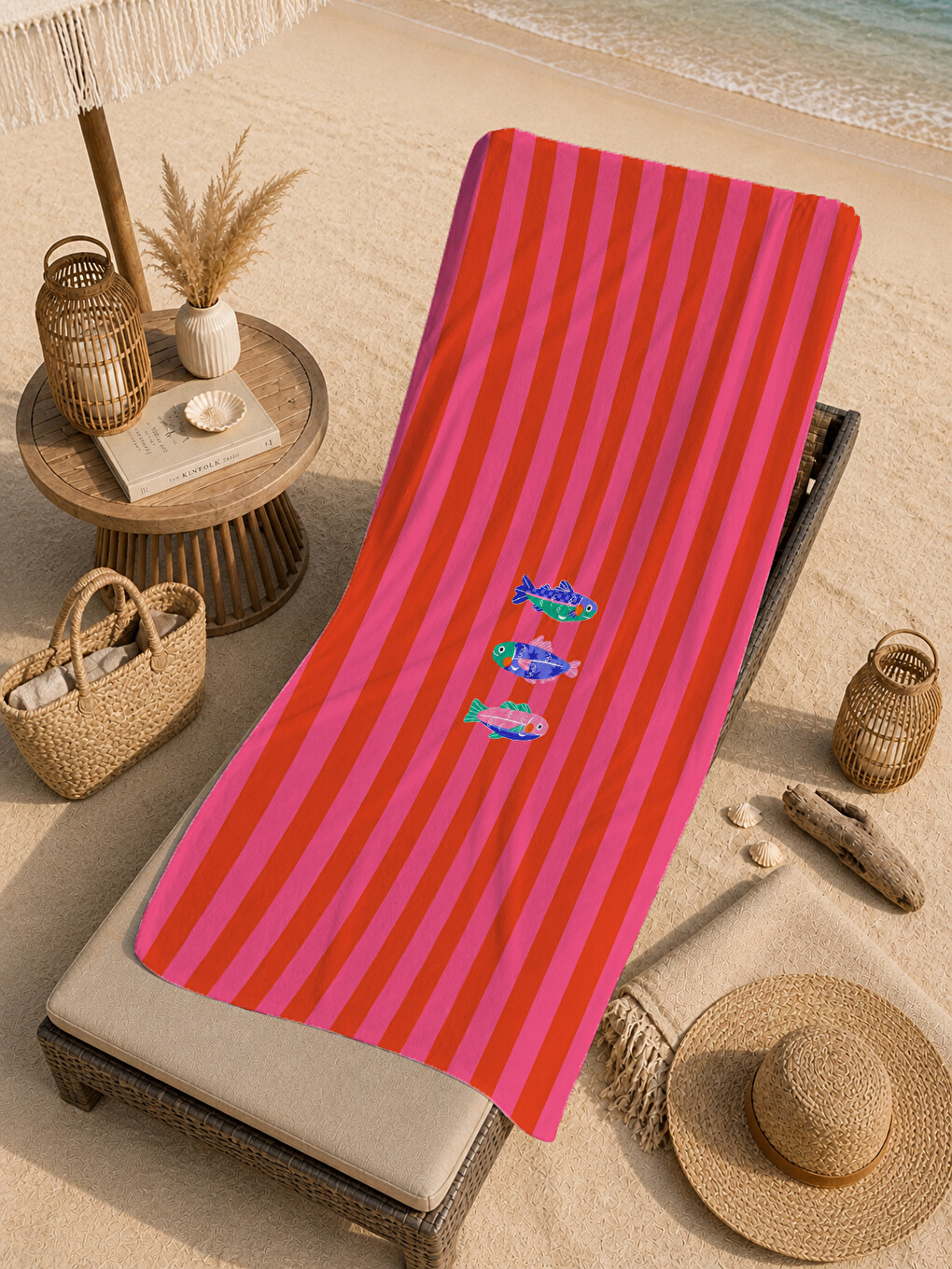 Pembe Kırmızı Çizgili Yaz Sloganlı 70x150 Cm Dijital Baskılı Plaj Ve Banyo Havlusu-4