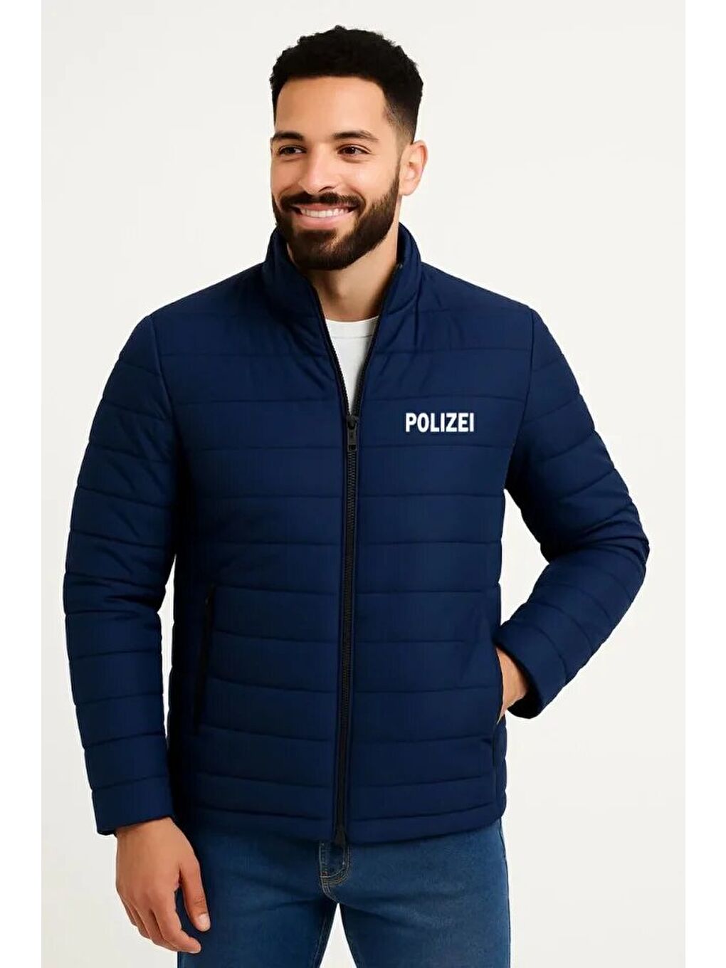 Lacivert Erkek Mikro Su İtici Kapitone Baskılı Astarlı Fermuarlı Bomber Mont