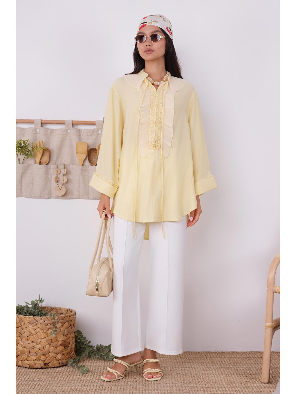 Pilise Detaylı Bluz Soft Sarı-3