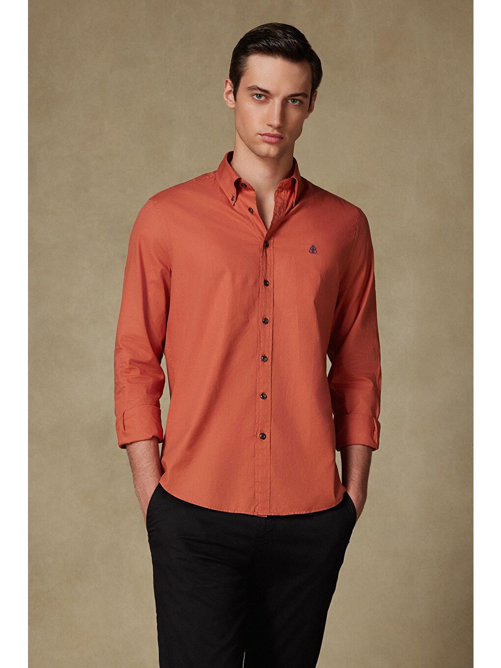 Kahverengi Mario Poplin Pamuklu Comfort Fit Kiremit Düğmeli Yaka Erkek Düz Gömlek