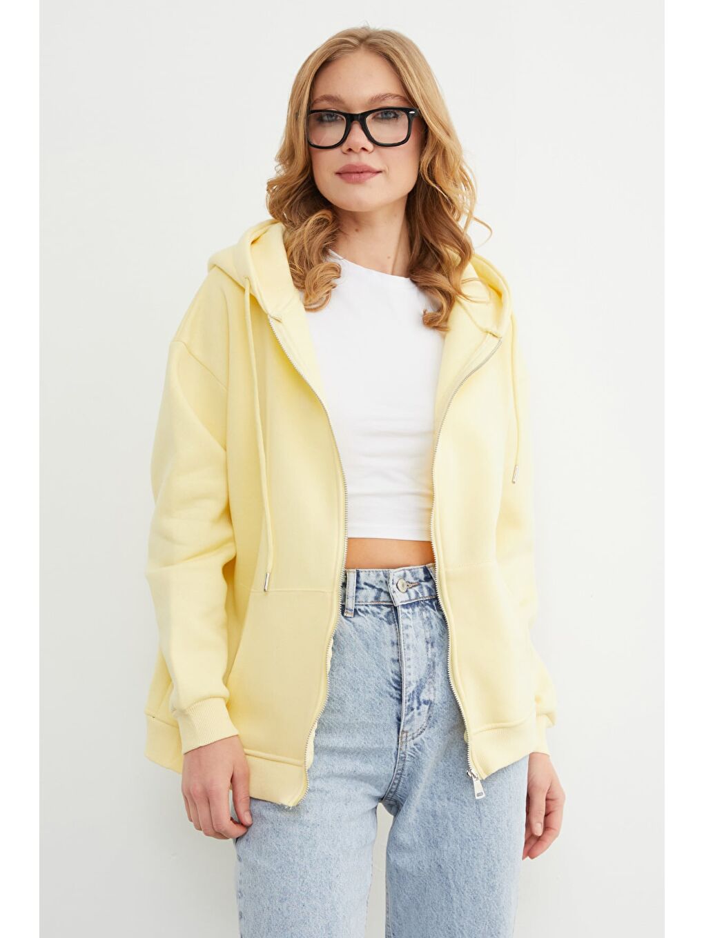 Sarı Basic Fermuarlı Kapüşonlu Oversize Sweatshirt-1