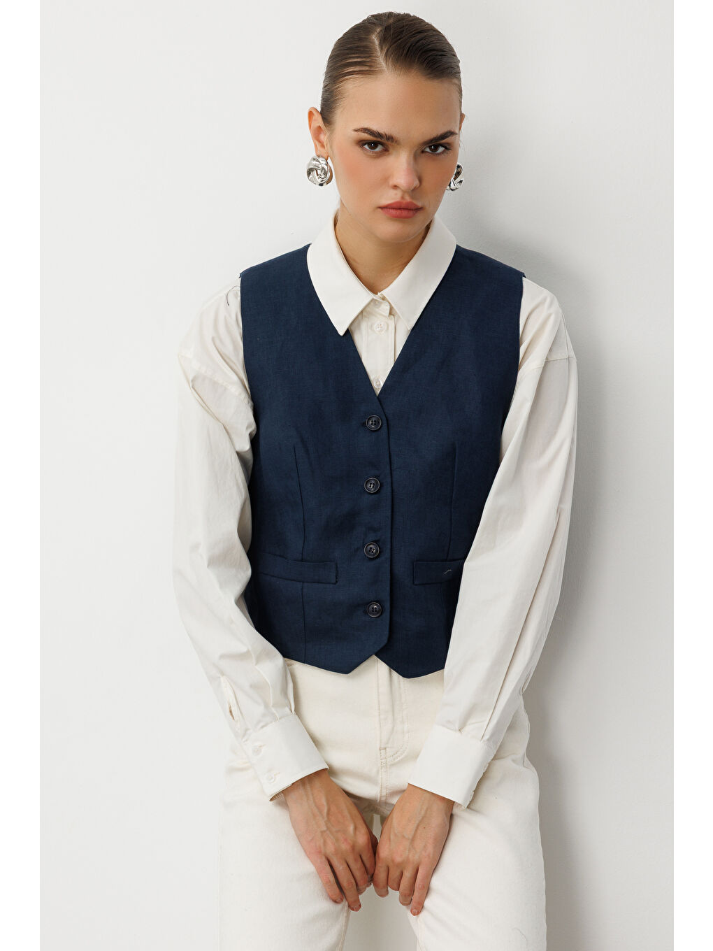 Lacivert Saf Keten Yelek-1