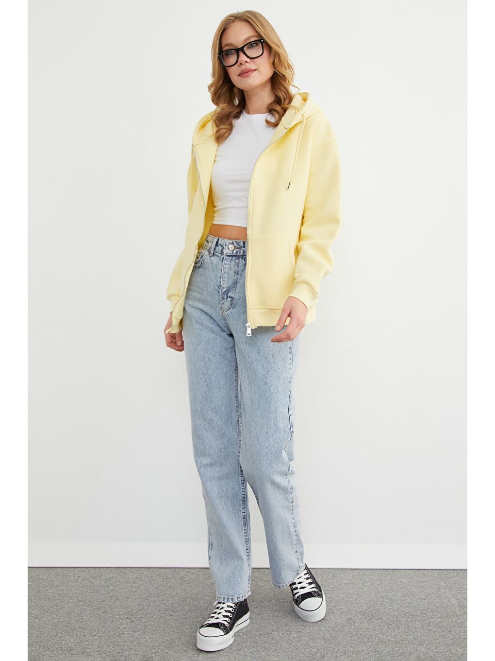 Sarı Basic Fermuarlı Kapüşonlu Oversize Sweatshirt-2