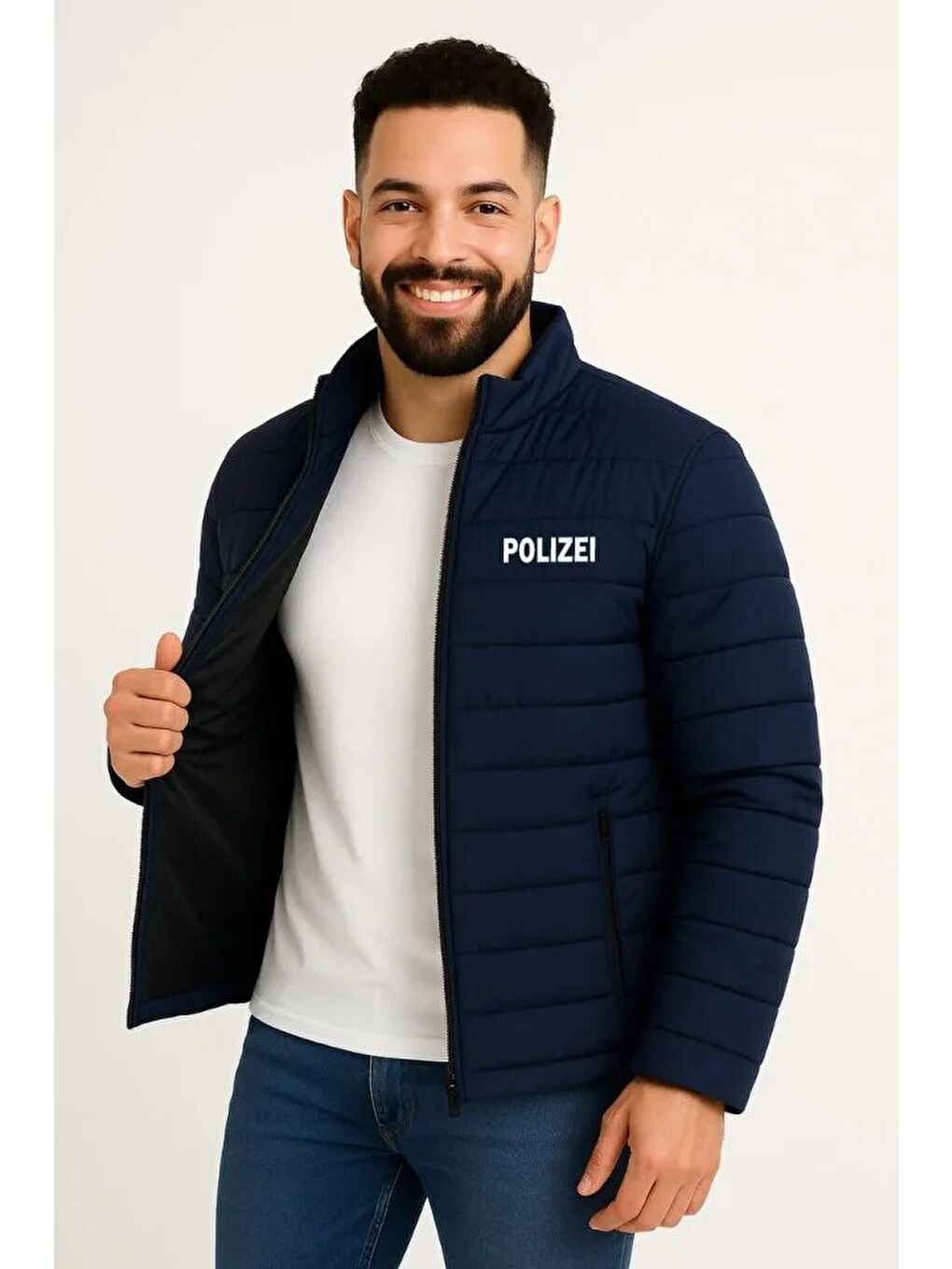 Lacivert Erkek Mikro Su İtici Kapitone Baskılı Astarlı Fermuarlı Bomber Mont-1