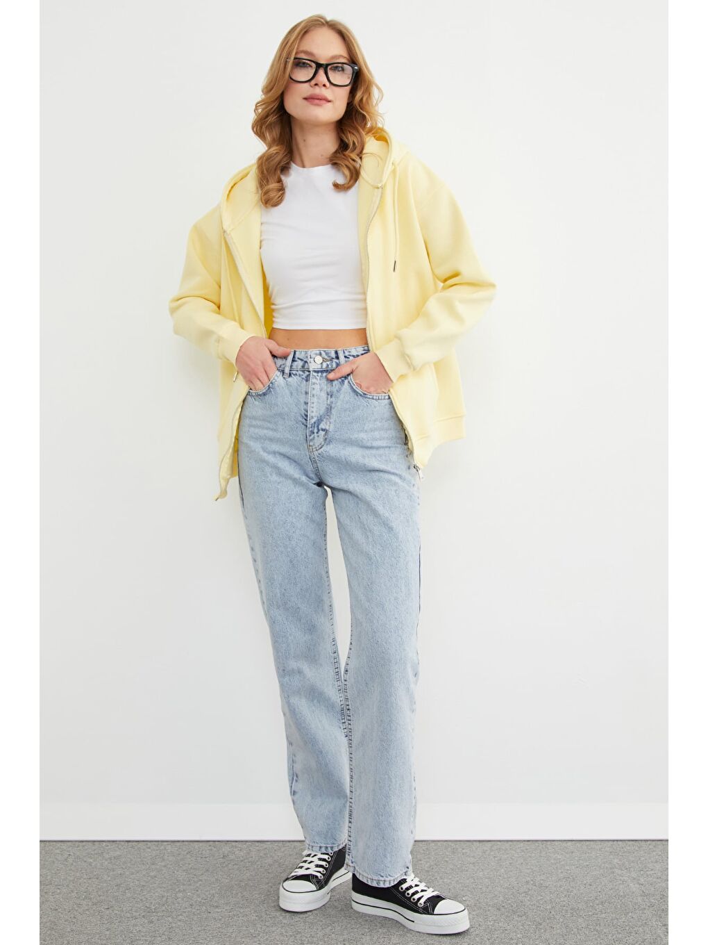 Sarı Basic Fermuarlı Kapüşonlu Oversize Sweatshirt-3