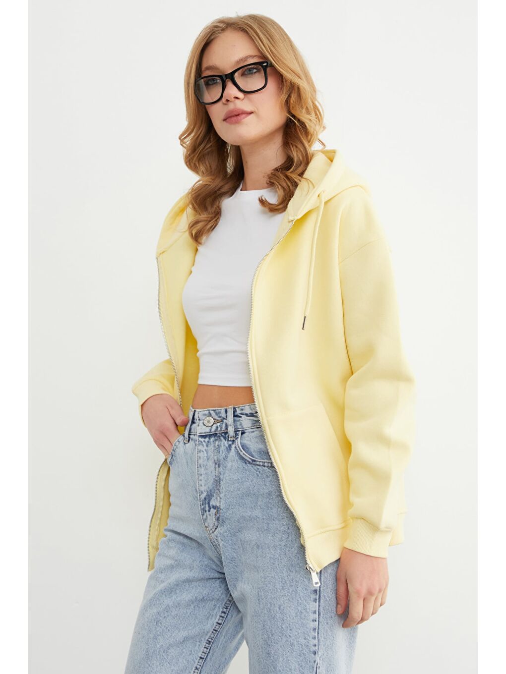 Sarı Basic Fermuarlı Kapüşonlu Oversize Sweatshirt-4