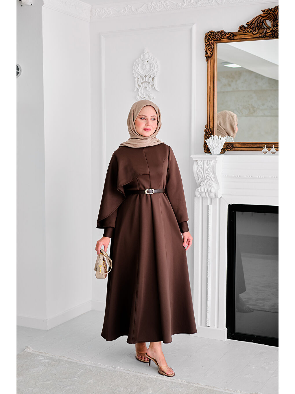 Kahverengi Kadın Omuzdan Şallı Scuba Elbise Kahve