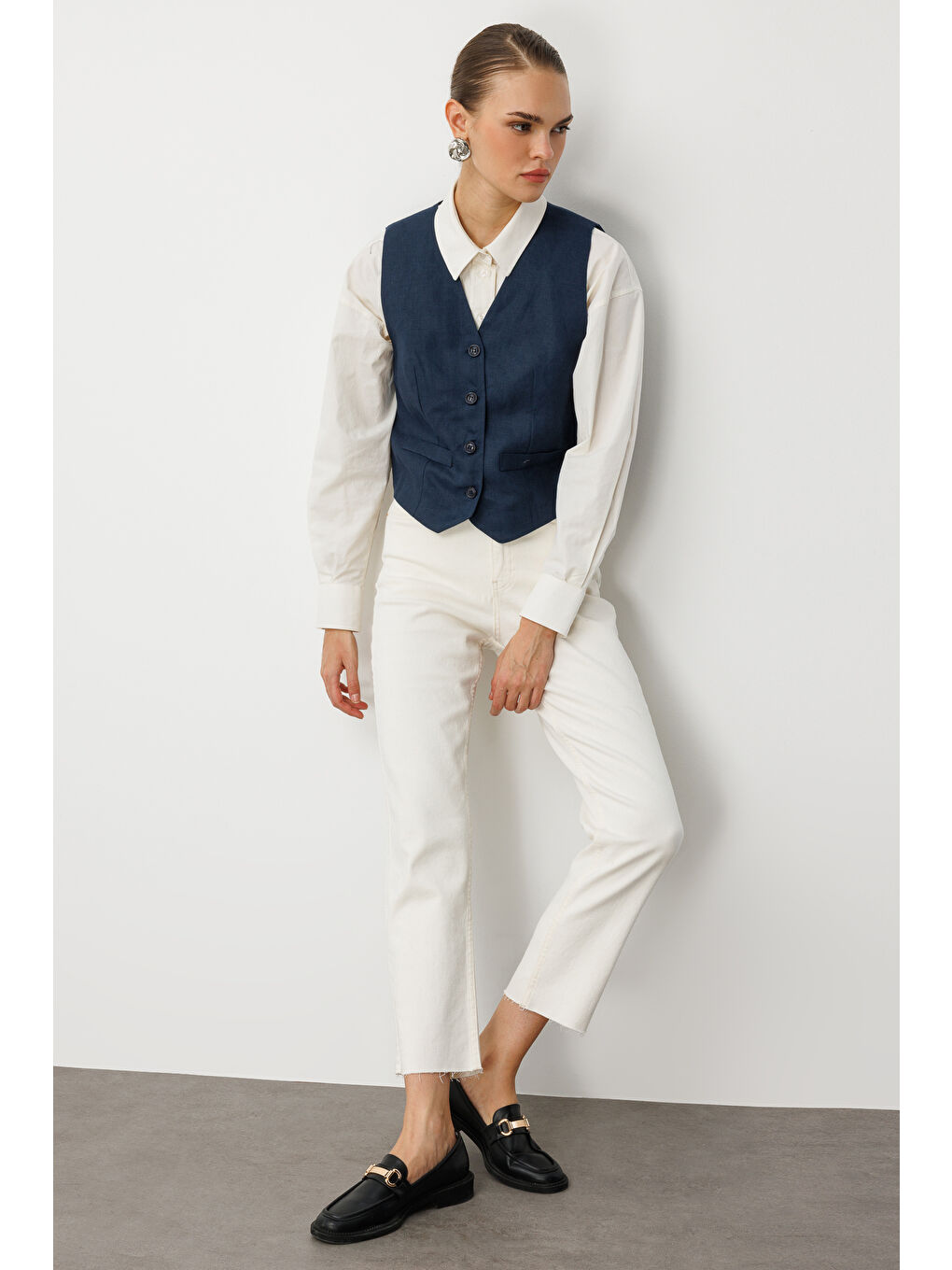 Lacivert Saf Keten Yelek-2