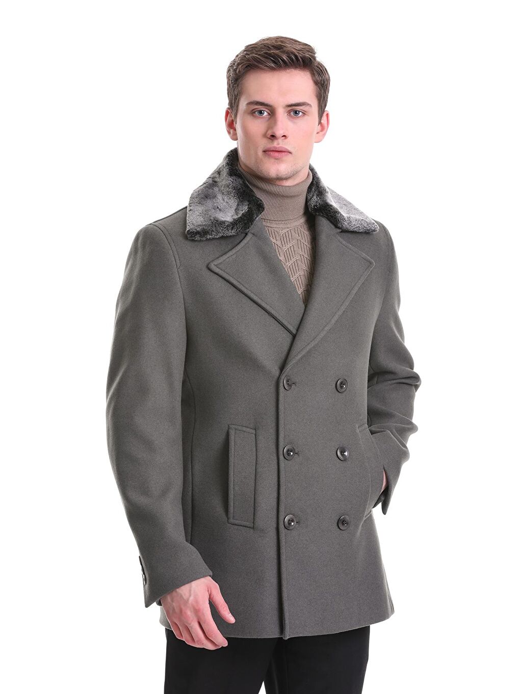 Haki Slim Fit Kürklü Kruvaze Kaşe Kaban