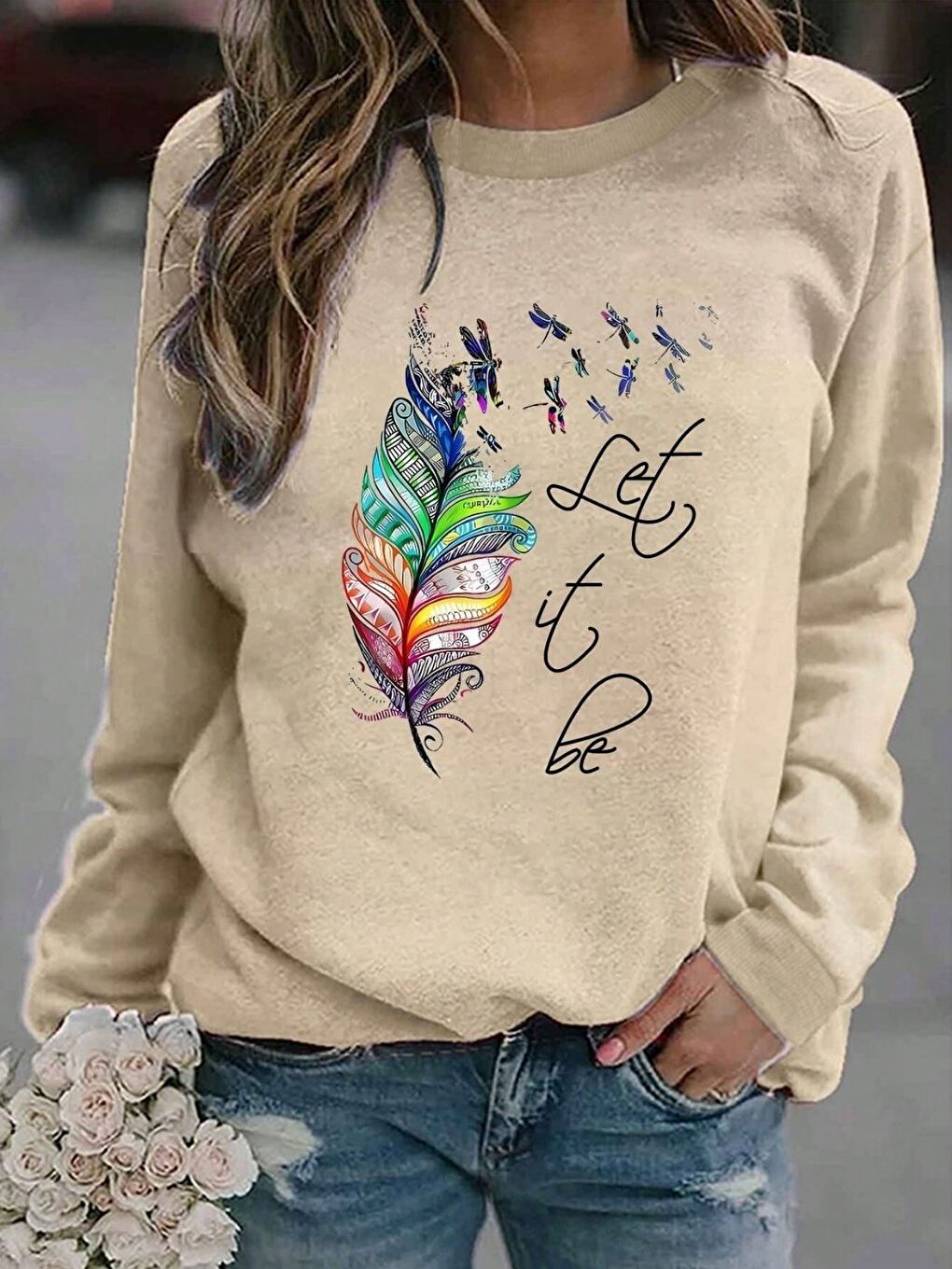 Kadın Bej Let It Go Baskılı Bisiklet Yaka Sweatshirt