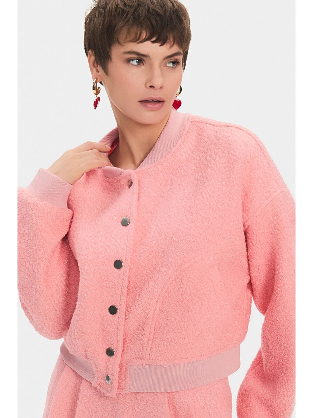 Pembe Kadın Buklet Kumaş Bomber Ceket Pilili Mini Etek Takım-1