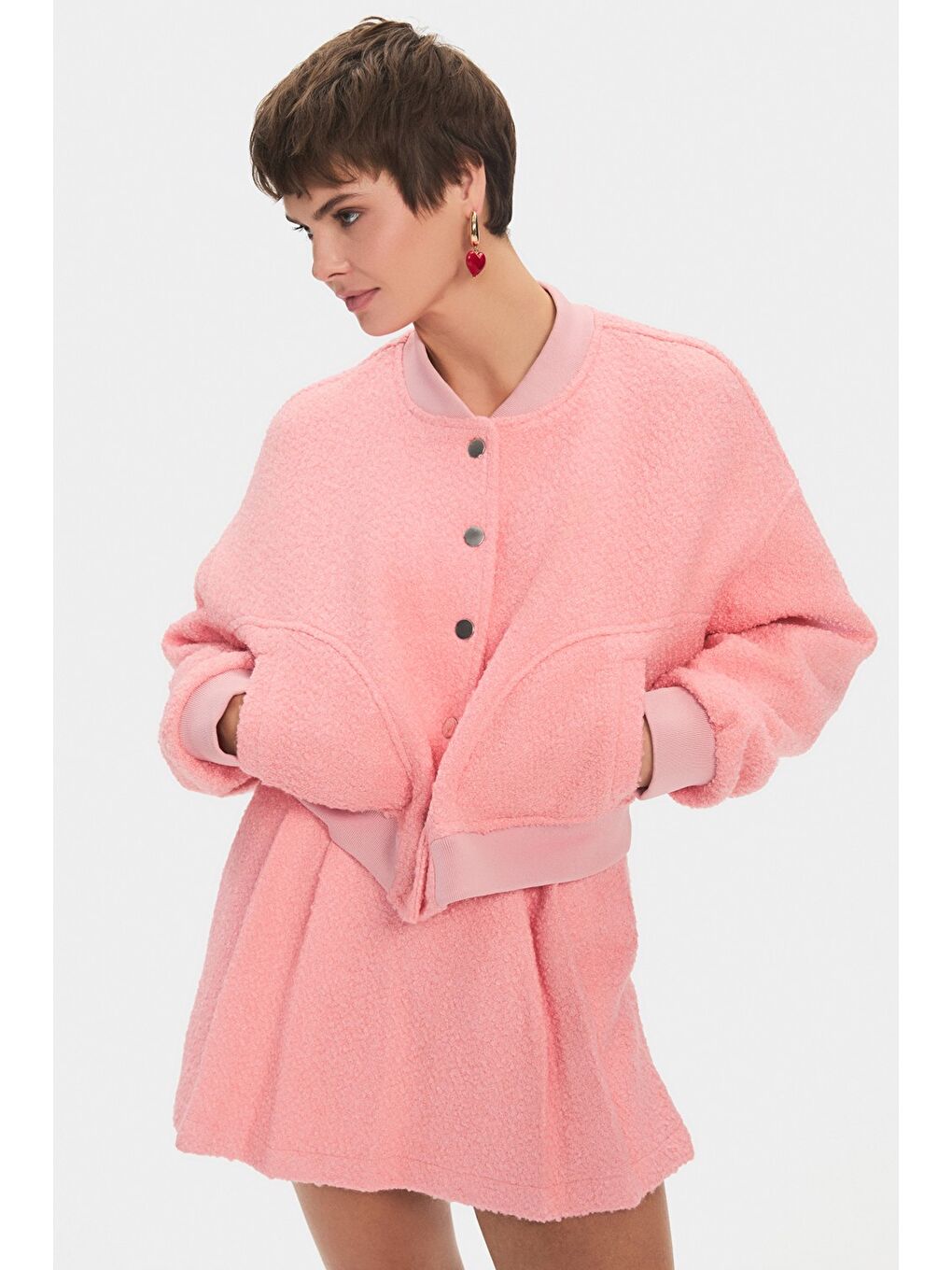 Pembe Kadın Buklet Kumaş Bomber Ceket Pilili Mini Etek Takım-2