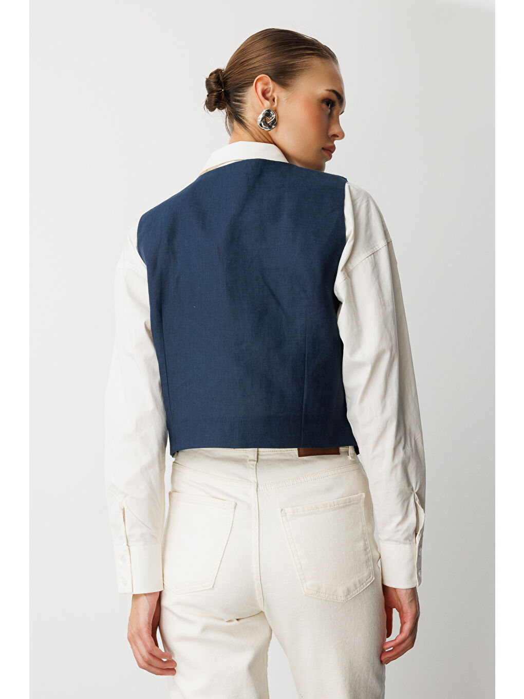 Lacivert Saf Keten Yelek-3