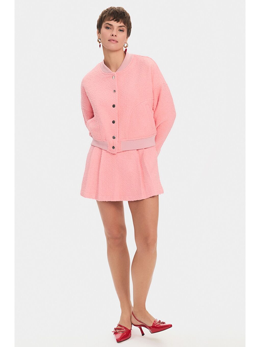 Pembe Kadın Buklet Kumaş Bomber Ceket Pilili Mini Etek Takım-3