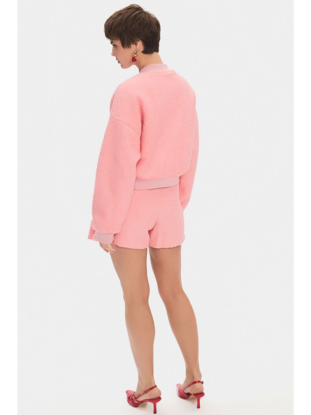 Pembe Kadın Buklet Kumaş Bomber Ceket Pilili Mini Etek Takım-4