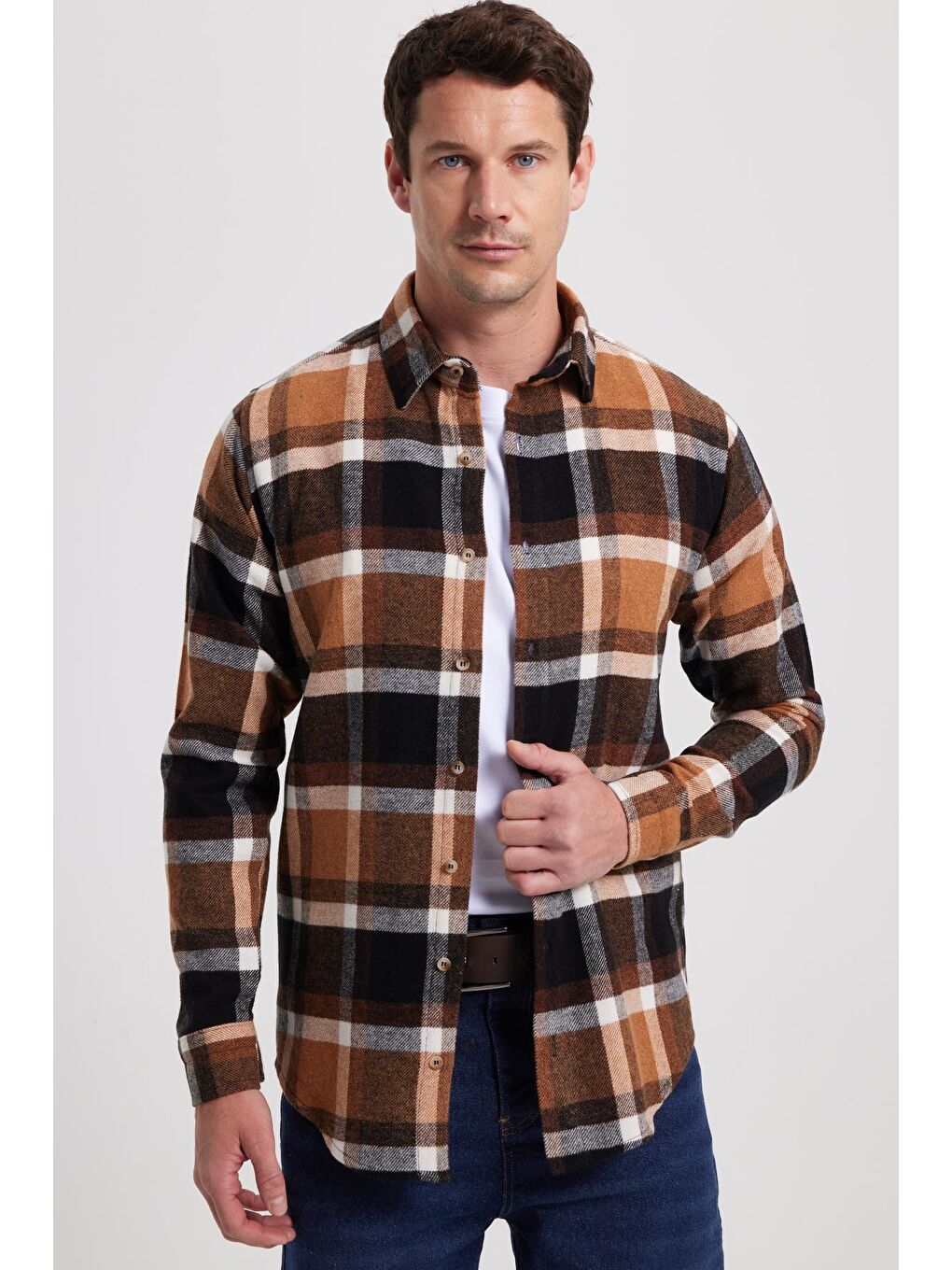 Kahverengi Erkek Slim Fit Dar Kesim Kareli Kışlık Oduncu Gömlek-1