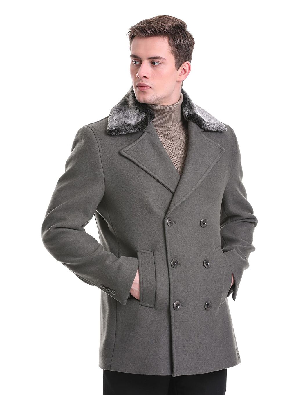 Haki Slim Fit Kürklü Kruvaze Kaşe Kaban-1