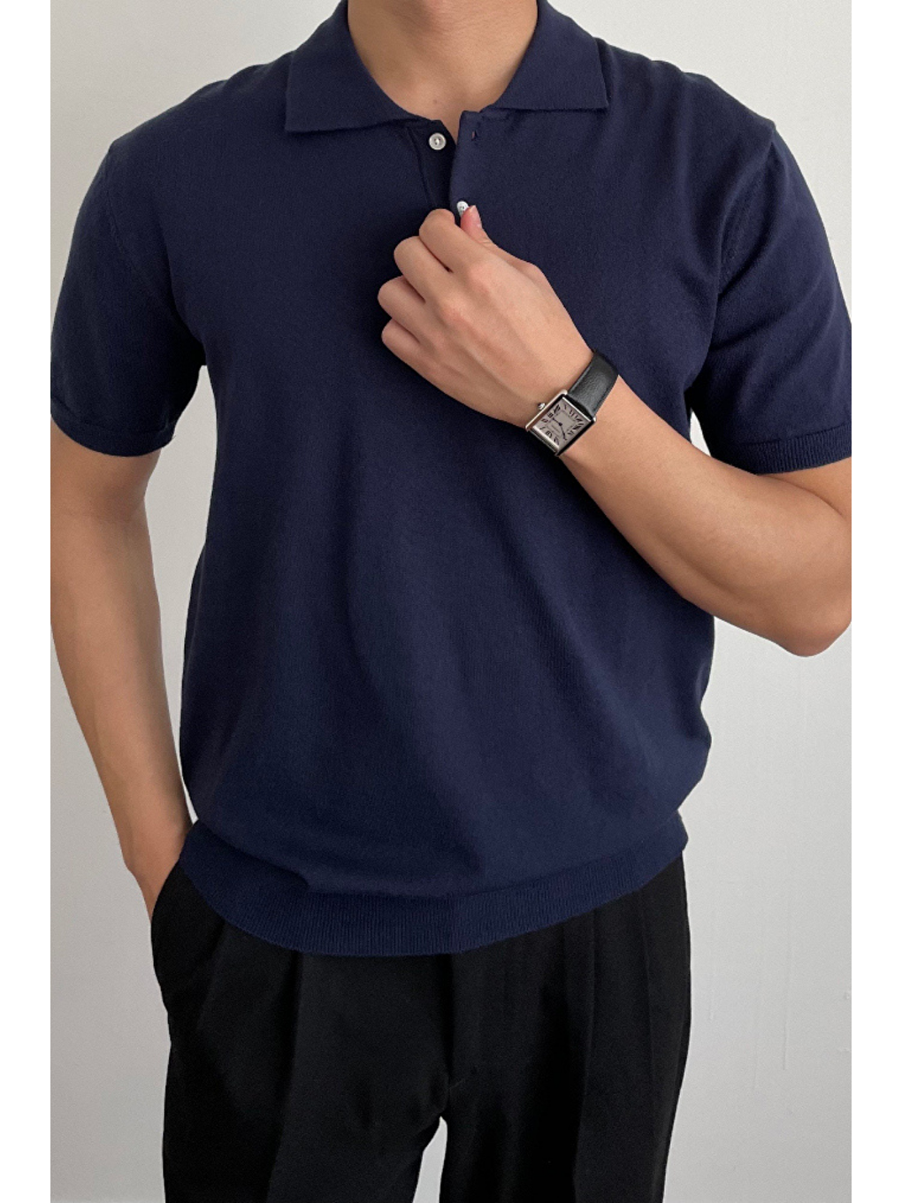 Erkek Lacivert Düğmeli Regular Fit Triko T-Shirt