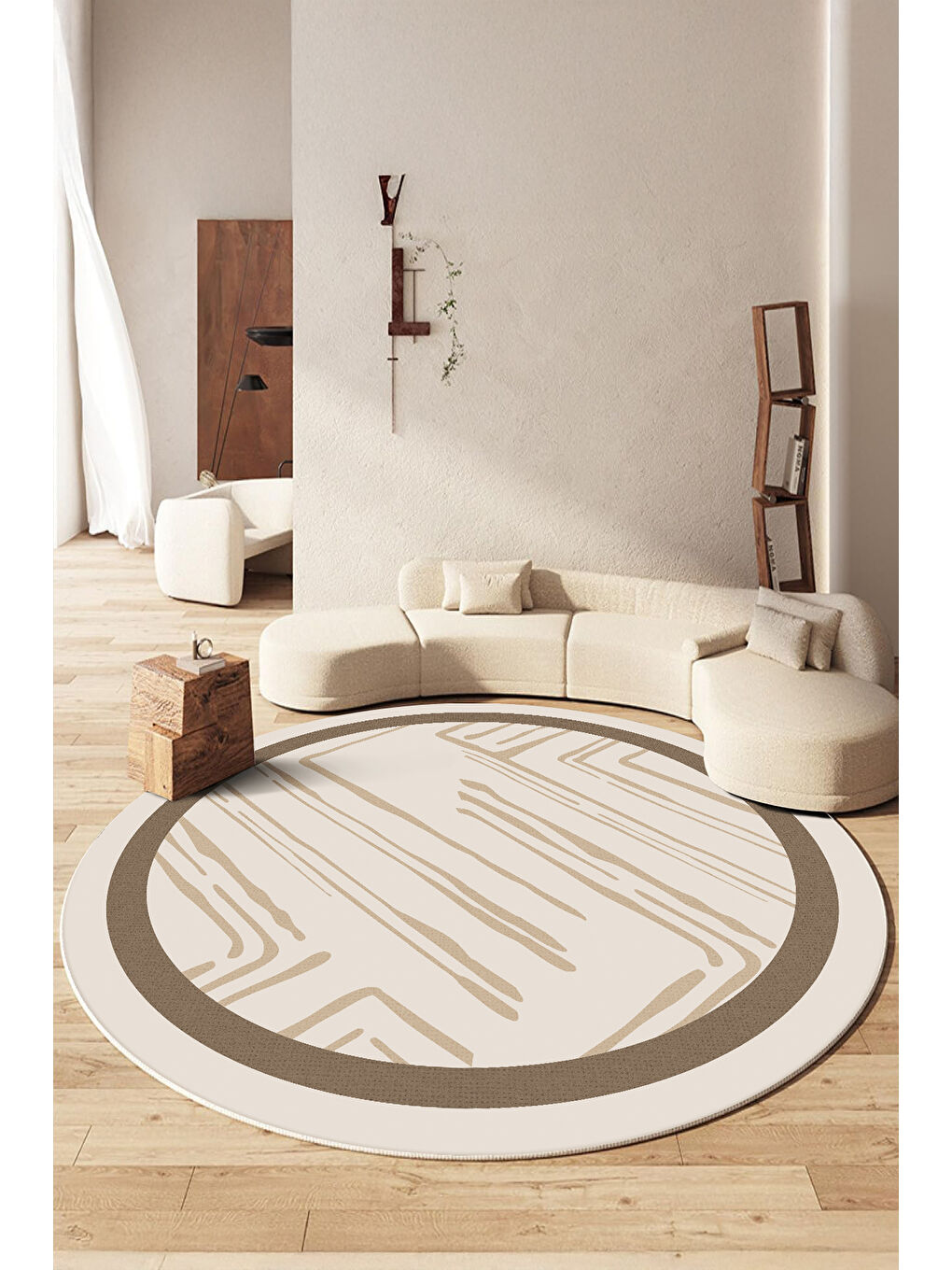 Bej Dekoratif Salon Halısı, Makinada Yıkanabilir, Kaymaz Taban, İnce & Modern Tasarım-1