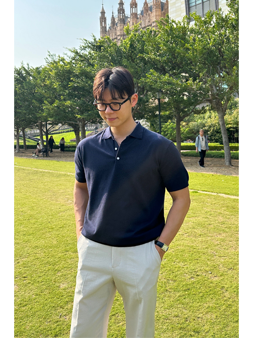 Erkek Lacivert Düğmeli Regular Fit Triko T-Shirt-1