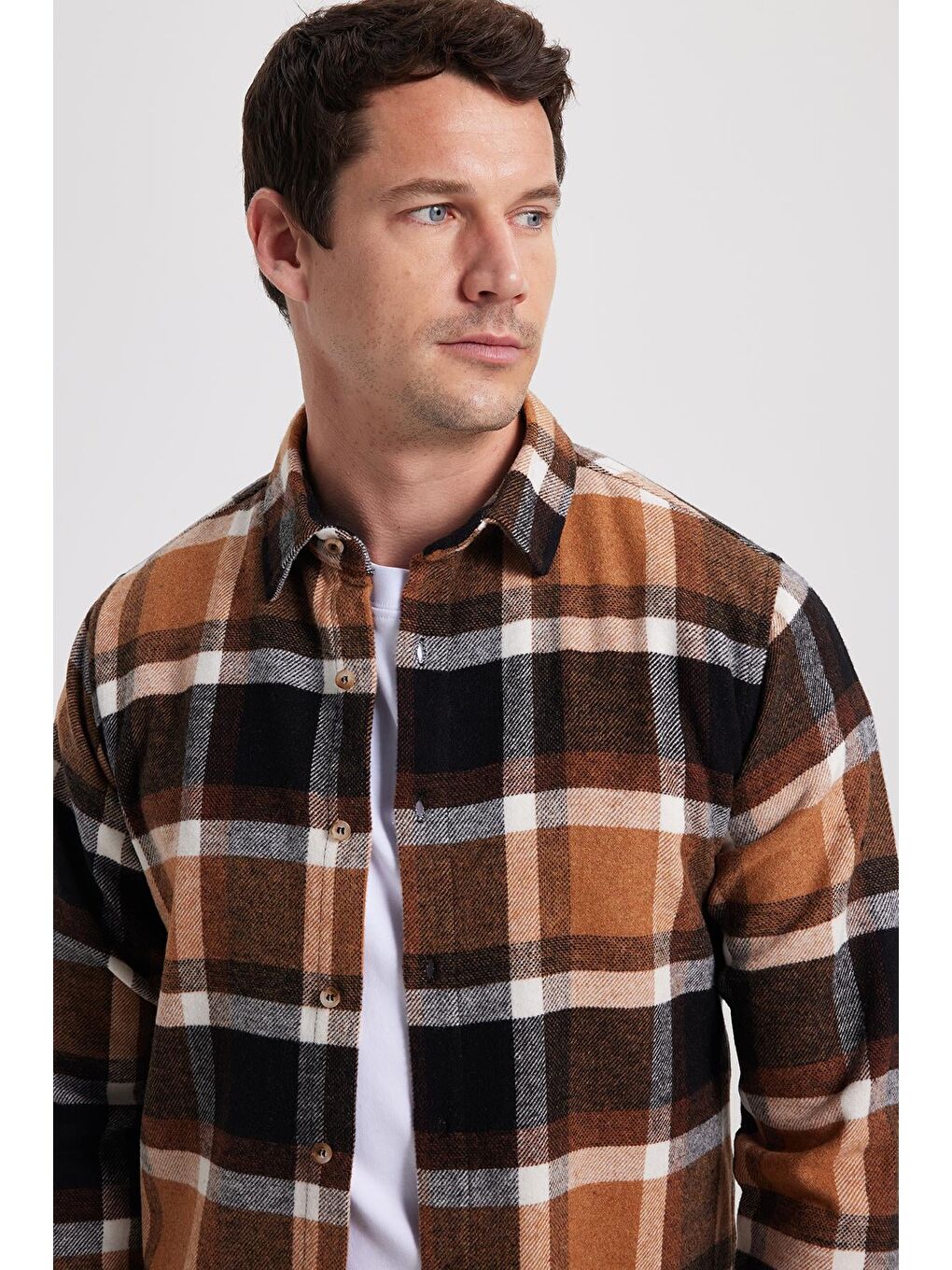 Kahverengi Erkek Slim Fit Dar Kesim Kareli Kışlık Oduncu Gömlek-2