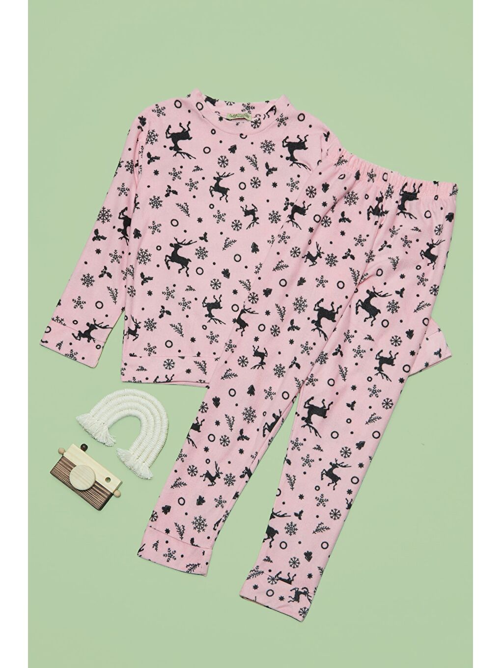 Pembe Geyik Desenli Polar Unisex Çocuk Pijama Takımı-2