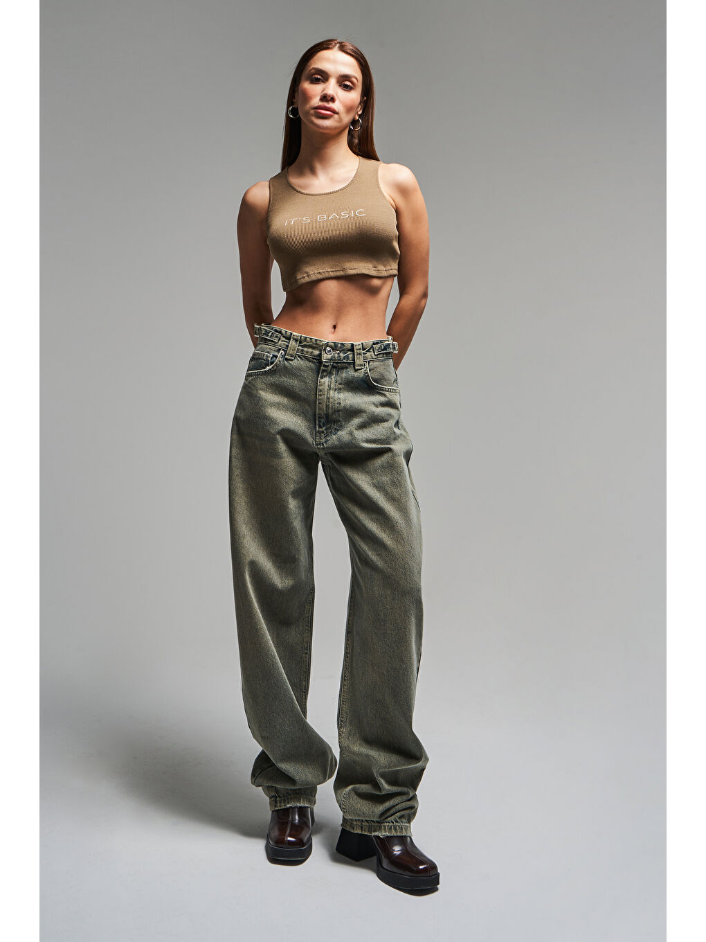 Yeşil Kadın S.Kot Rengi Lotus 4S5-46 Baggy Fit %100 Pamuk Kemer Detaylı Denim Jean