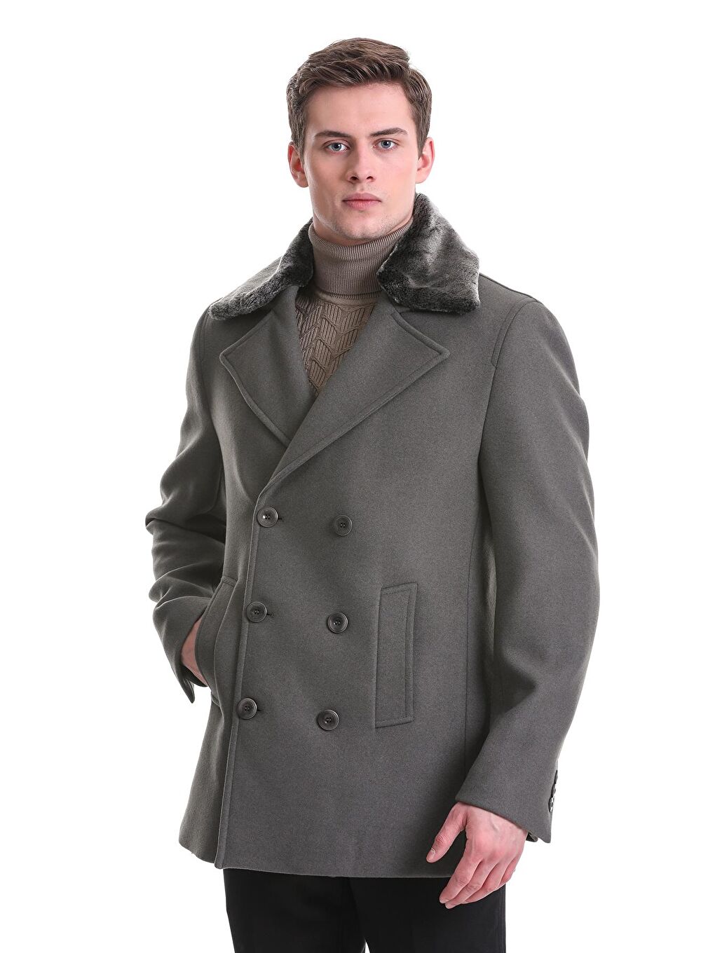 Haki Slim Fit Kürklü Kruvaze Kaşe Kaban-2