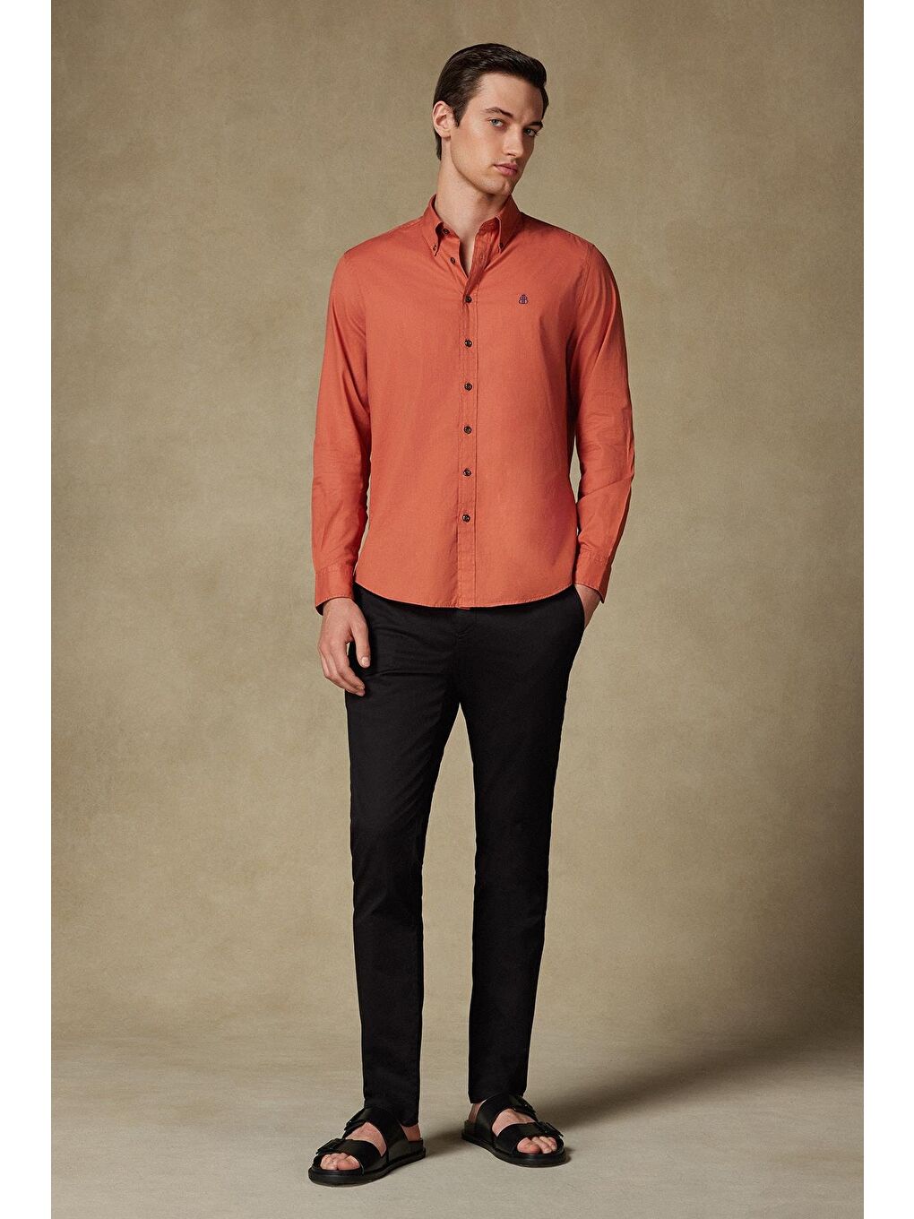 Kahverengi Mario Poplin Pamuklu Comfort Fit Kiremit Düğmeli Yaka Erkek Düz Gömlek-2