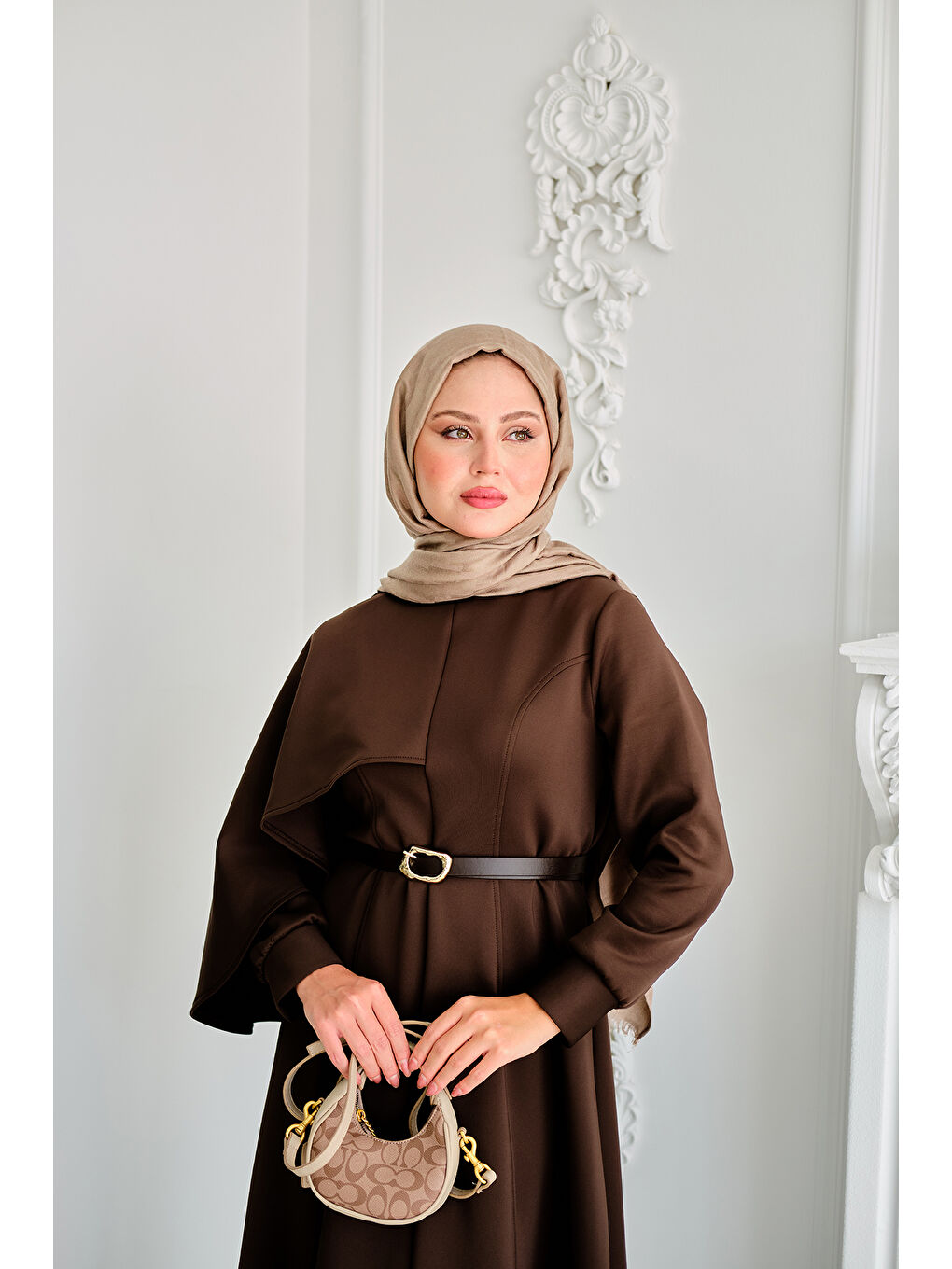 Kahverengi Kadın Omuzdan Şallı Scuba Elbise Kahve-2