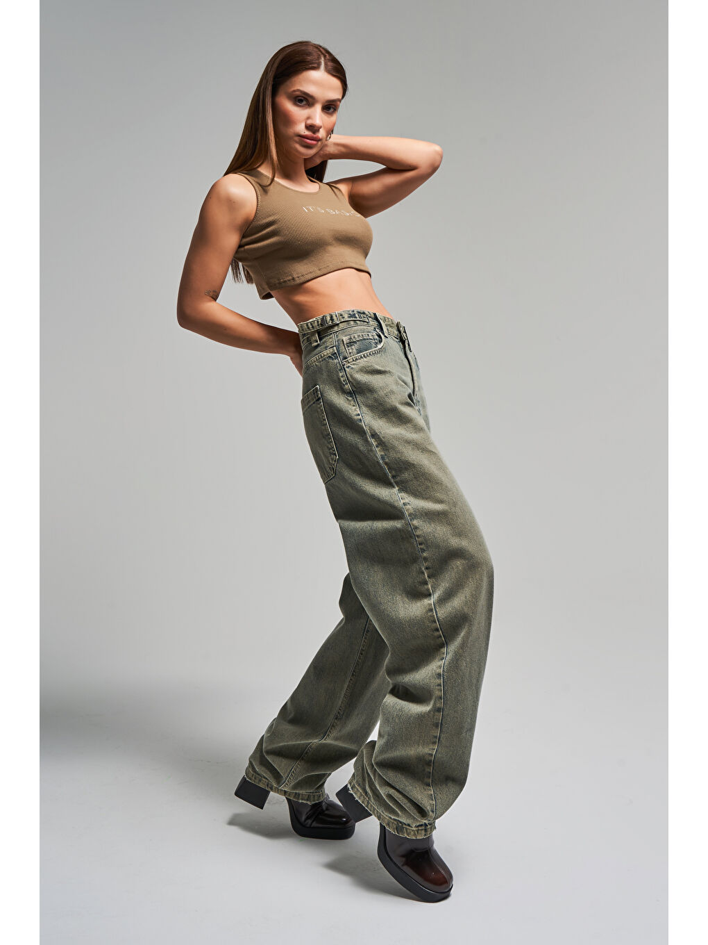 Yeşil Kadın S.Kot Rengi Lotus 4S5-46 Baggy Fit %100 Pamuk Kemer Detaylı Denim Jean-3