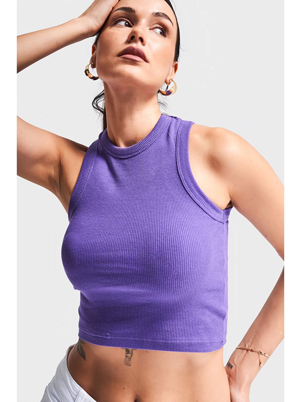 Kadın Mor Renk s5-111 Halter Yaka Esnek Kaşkorse Kumaş Crop Top Body