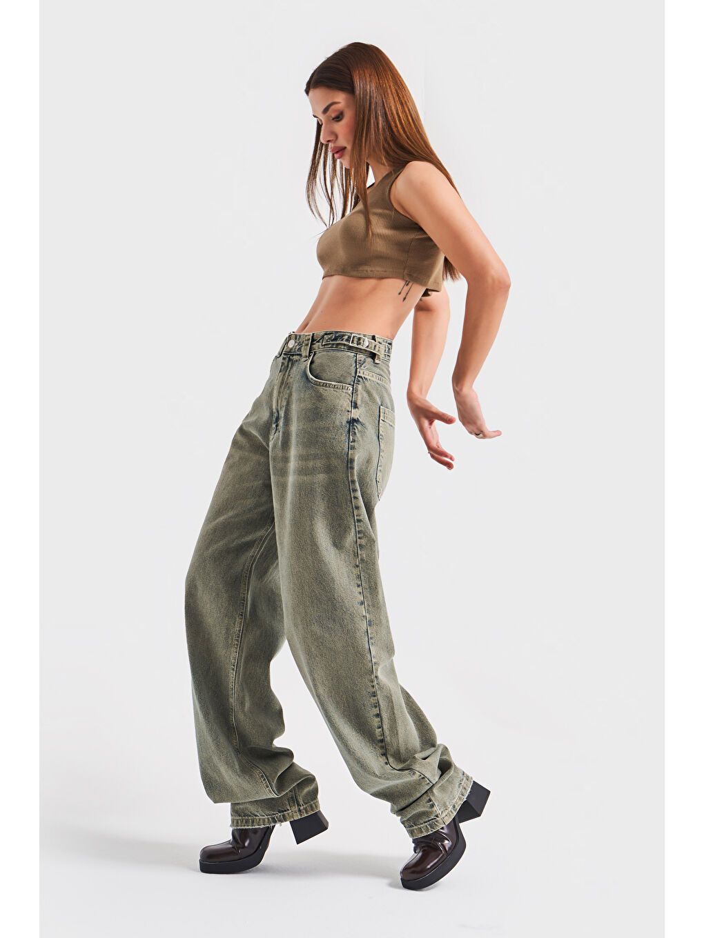 Yeşil Kadın S.Kot Rengi Lotus 4S5-46 Baggy Fit %100 Pamuk Kemer Detaylı Denim Jean-4