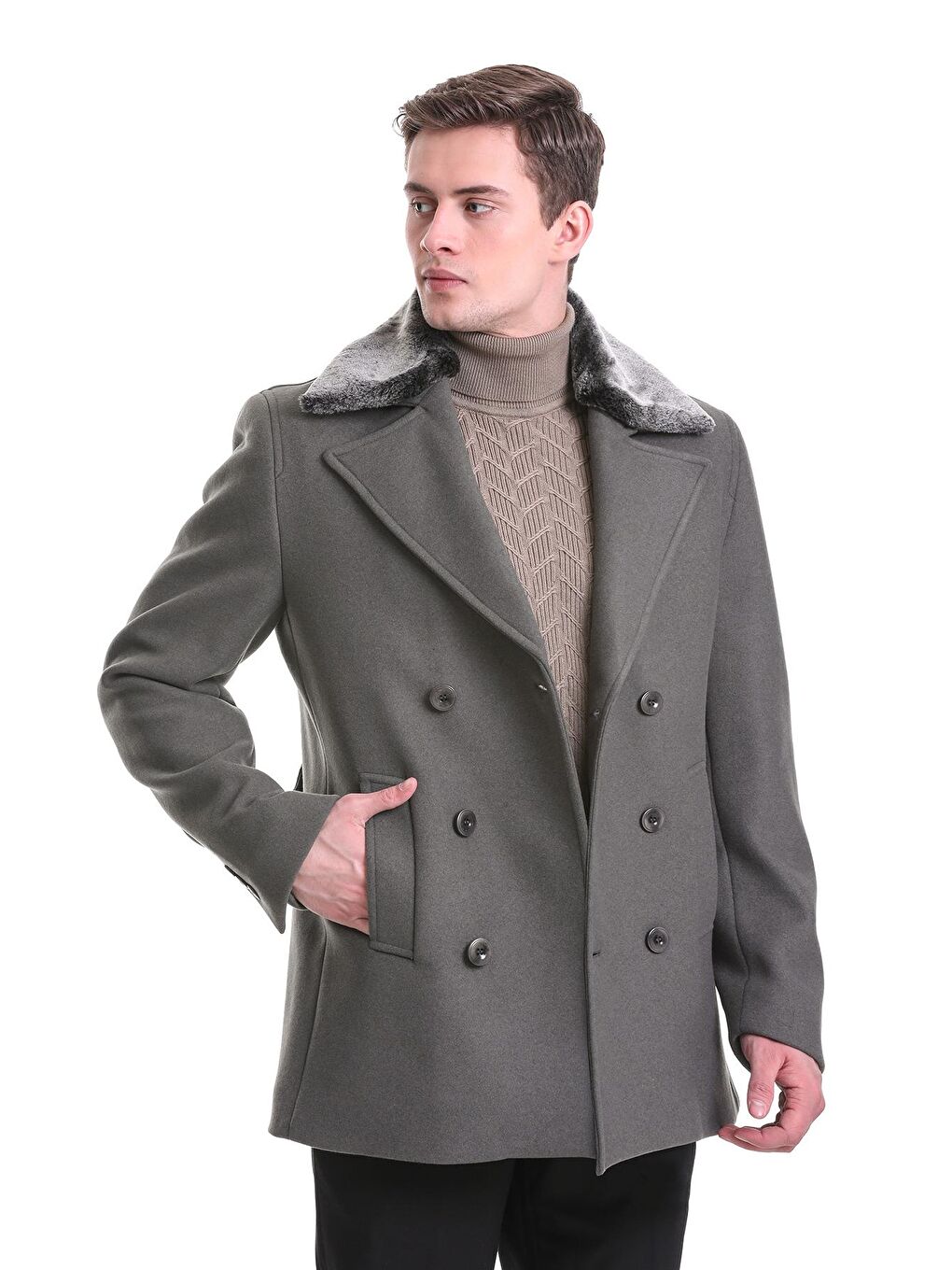 Haki Slim Fit Kürklü Kruvaze Kaşe Kaban-3