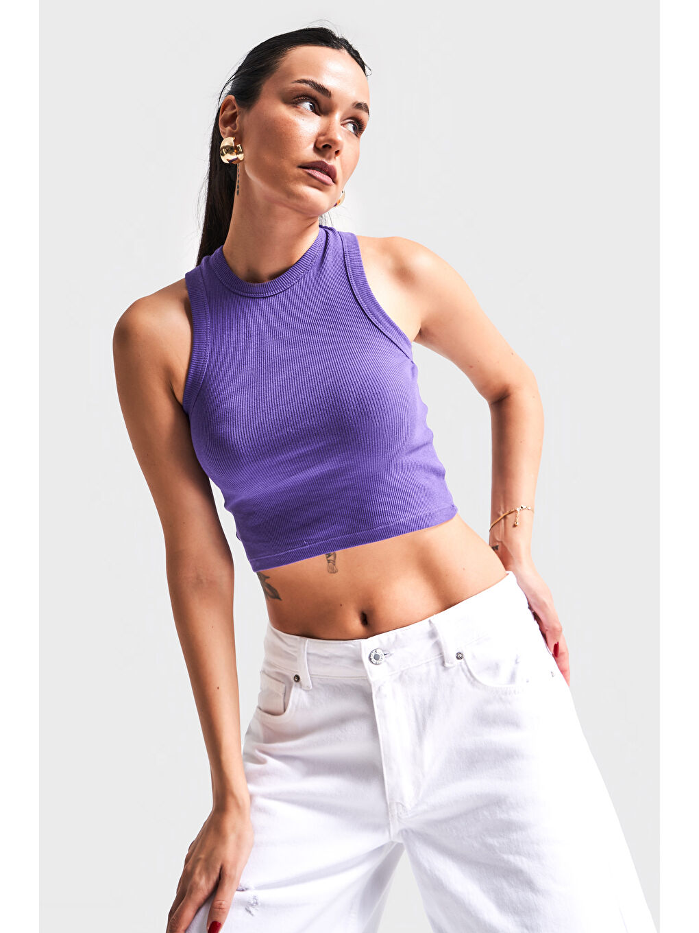 Kadın Mor Renk s5-111 Halter Yaka Esnek Kaşkorse Kumaş Crop Top Body-1