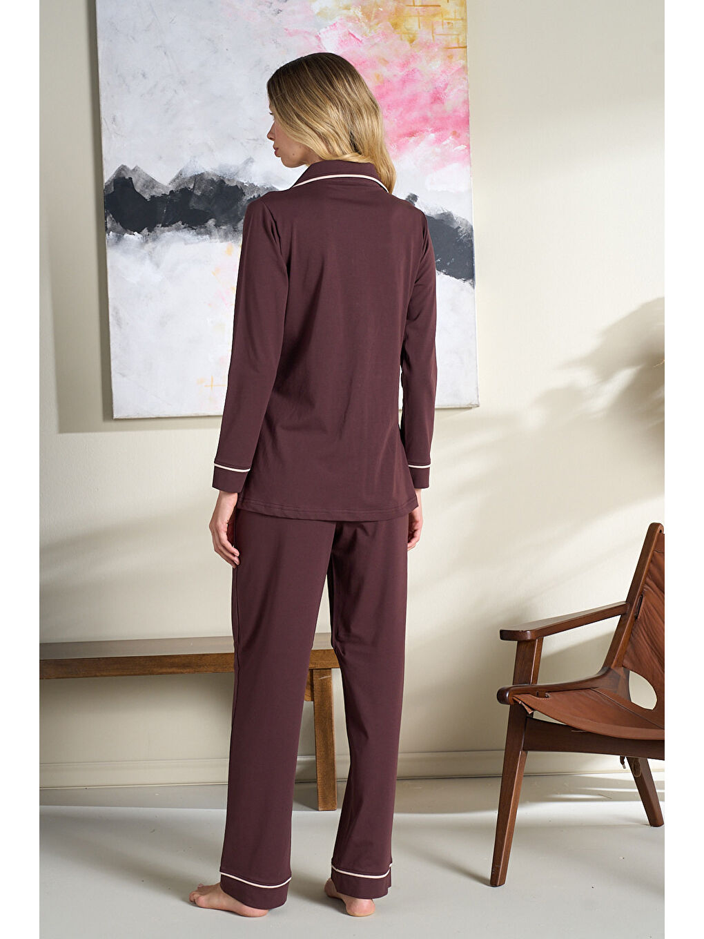 Kadın Interlok Penye Uzun Kol Pijama Takımı 3106 Kahverengi-1