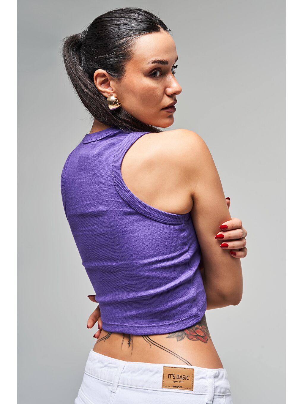 Kadın Mor Renk s5-111 Halter Yaka Esnek Kaşkorse Kumaş Crop Top Body-2