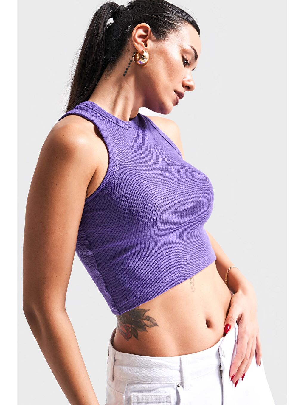 Kadın Mor Renk s5-111 Halter Yaka Esnek Kaşkorse Kumaş Crop Top Body-3