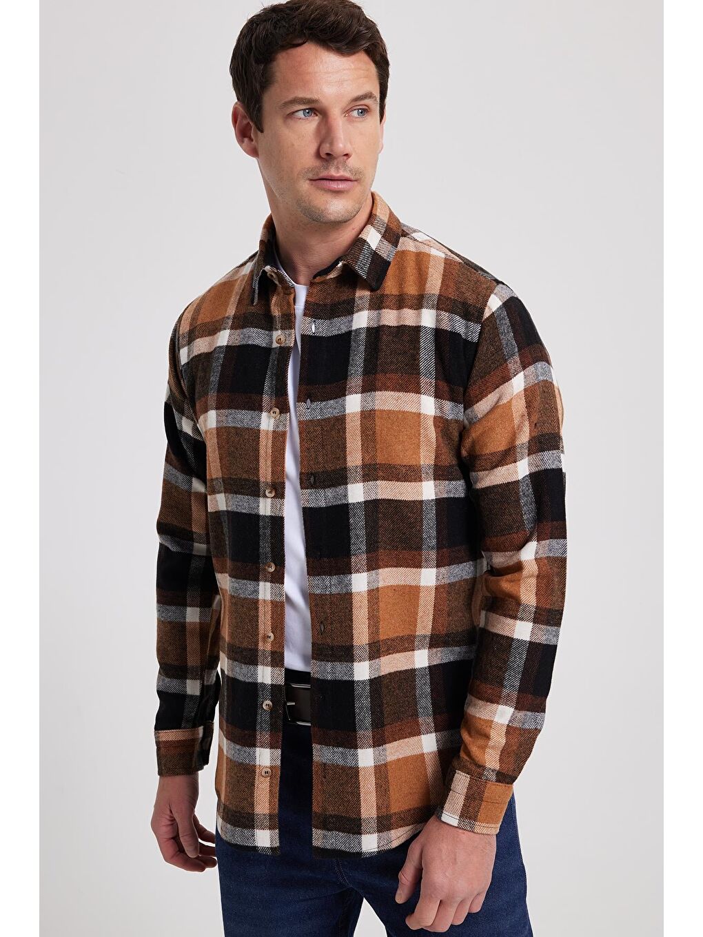 Kahverengi Erkek Slim Fit Dar Kesim Kareli Kışlık Oduncu Gömlek-6
