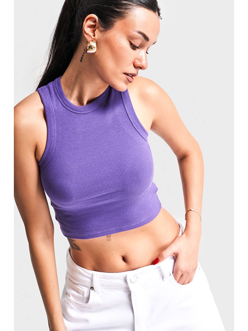 Kadın Mor Renk s5-111 Halter Yaka Esnek Kaşkorse Kumaş Crop Top Body-4