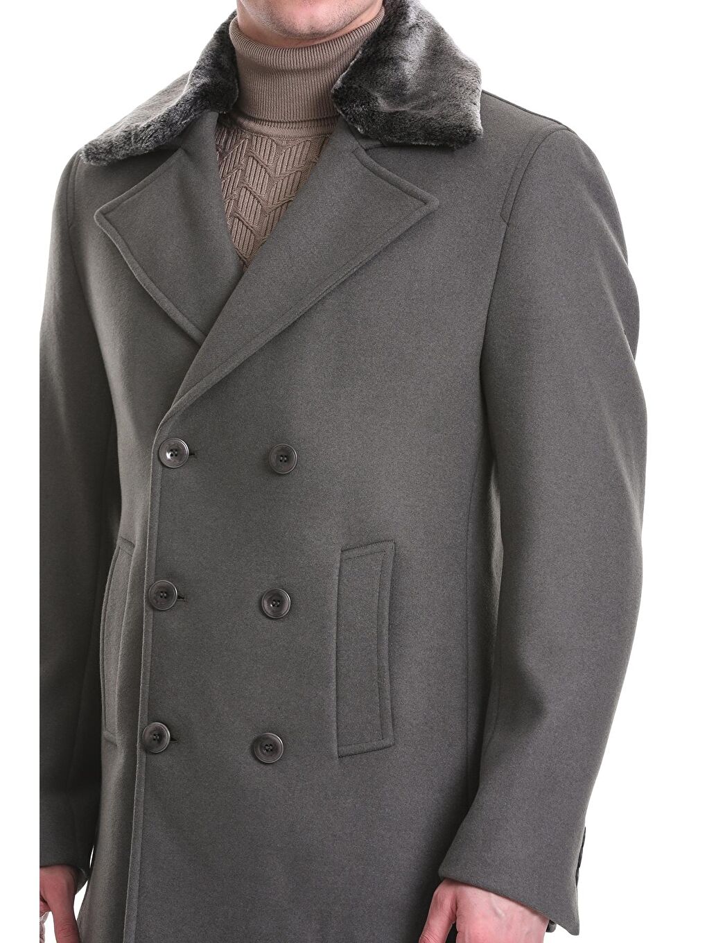 Haki Slim Fit Kürklü Kruvaze Kaşe Kaban-4