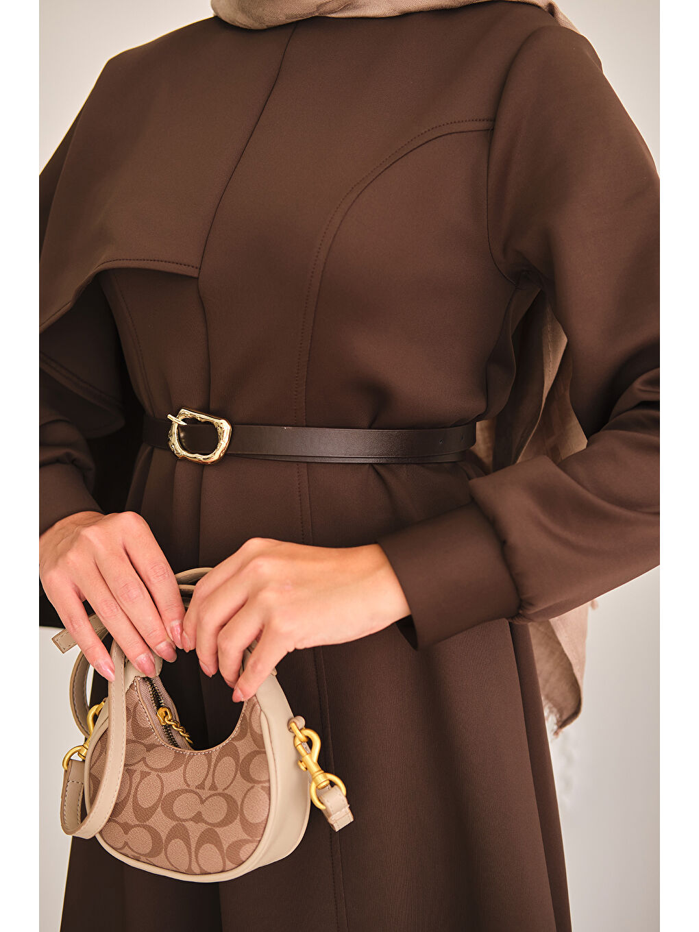 Kahverengi Kadın Omuzdan Şallı Scuba Elbise Kahve-4